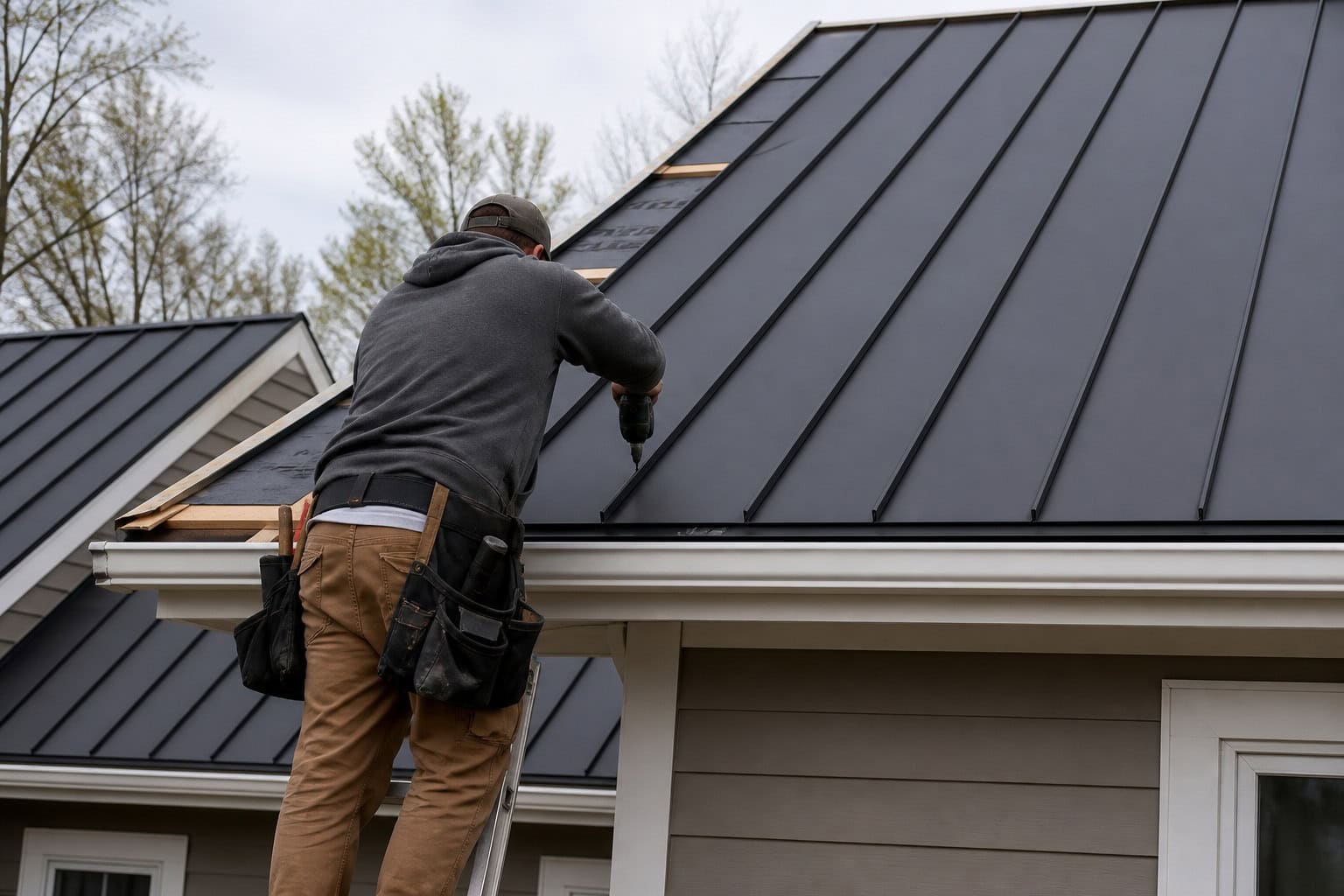 Roofer installing a standing-seam metal roof on an Indianapolis home